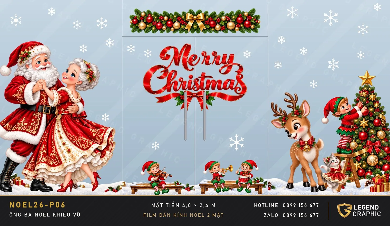 Mẫu decal kính Noel 2026 Ông bà Noel khiêu vũ dàn trên mặt tiền 4,8 m – LEGEND GRAPHIC